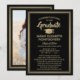 Invitation 1 Photo Virtual Graduation Party Black and Gold