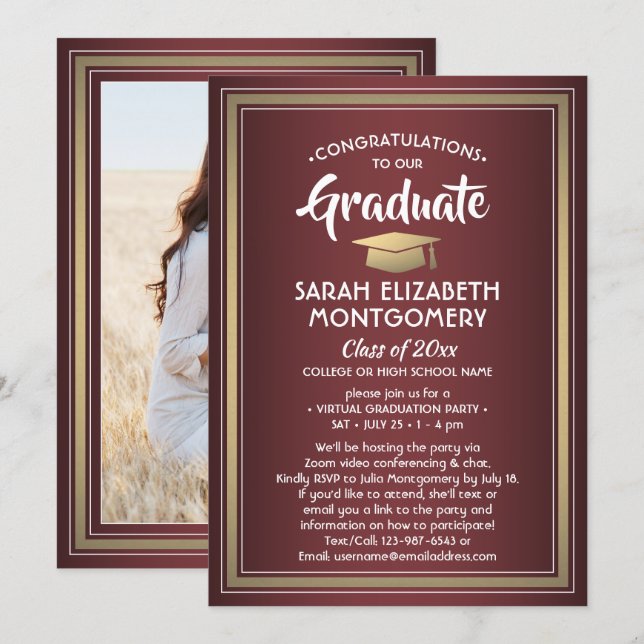 Invitation 1 Photo Virtual Graduation Party Bourgogne et or (Devant / Derrière)