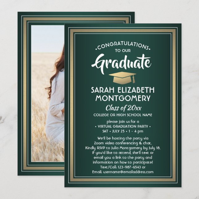 Invitation 1 Photo Virtual Graduation Party Green Gold White (Devant / Derrière)