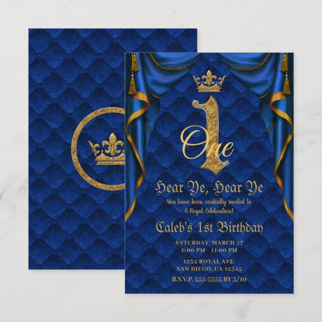 Invitation 1er 1 fête d'anniversaire Royal Blue Gold Crown (Devant / Derrière)