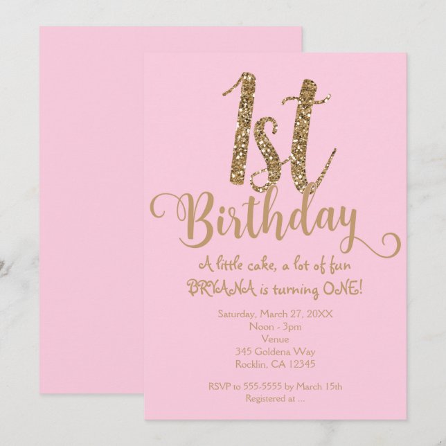 Invitation 1ER ANNIVERSAIRE 1 Pink & Gold Party One Invitatio (Devant / Derrière)