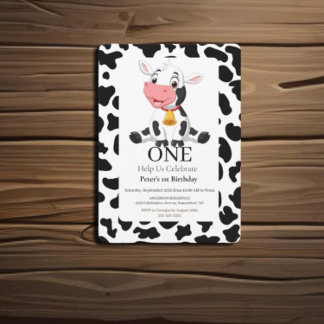 Invitation 1er anniversaire adorable Black White Baby Cow