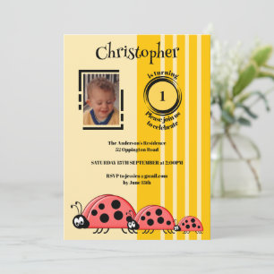 Invitation 1er anniversaire ajouter photo ladybugs rouge jaun