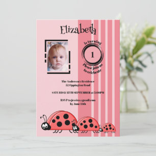 Invitation 1er anniversaire ajouter photo ladybugs rouge rose
