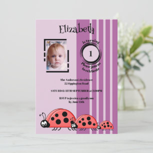 Invitation 1er anniversaire ajouter photo ladybugs rouge viol
