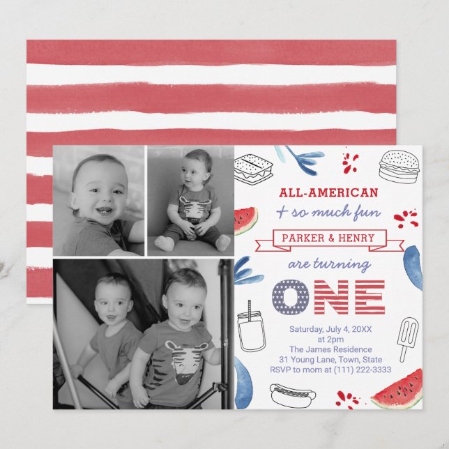 Invitation 1er Anniversaire Américain Pour Jumeaux (Devant / Derrière)