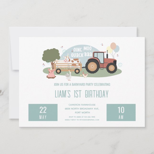 Invitation 1er Anniversaire Animaux de ferme Barnyard Party B (Devant)