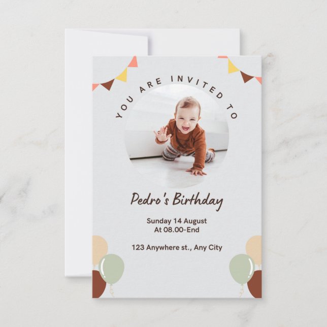 INVITATION 1ER ANNIVERSAIRE AVEC BALLON ET PHOTO (Devant)