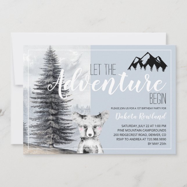 Invitation 1er Anniversaire Aventure Attend Ours Boisé (Devant)
