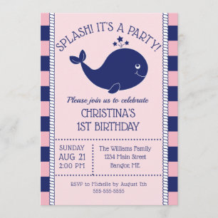 Invitation 1er Anniversaire Baleine Bleue Nautique Bleue Rose