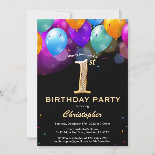 Invitation 1er Anniversaire Ballons noirs et dorés (Devant)