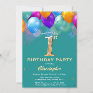 Invitation 1er Anniversaire Ballons Turquoises et dorés