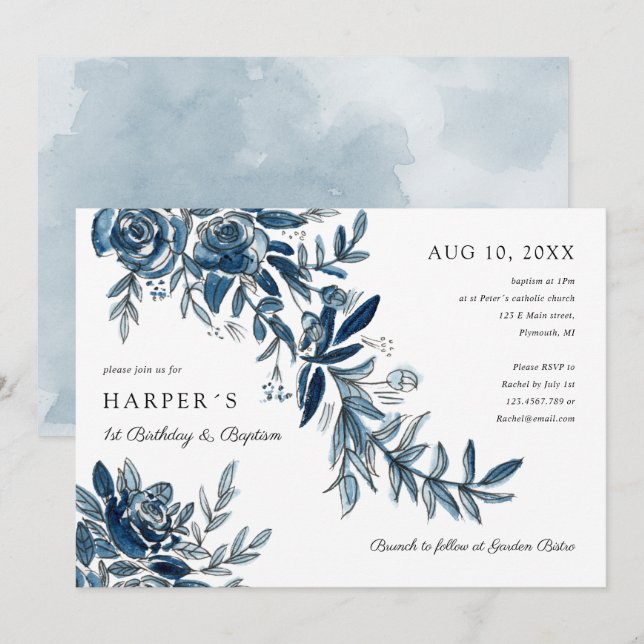 Invitation 1er anniversaire Baptême bleu aquarelle florale (Devant / Derrière)