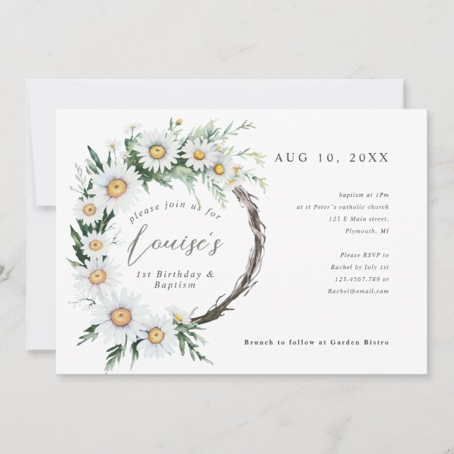 Invitation 1er anniversaire Baptême marguerite couronne (Devant)