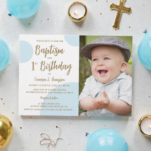 Invitation 1er Anniversaire Baptême Photo Blue Gold Custom