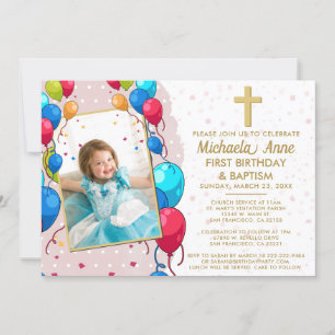 Invitation 1er Anniversaire Baptême Pink Gold Texte de la pho