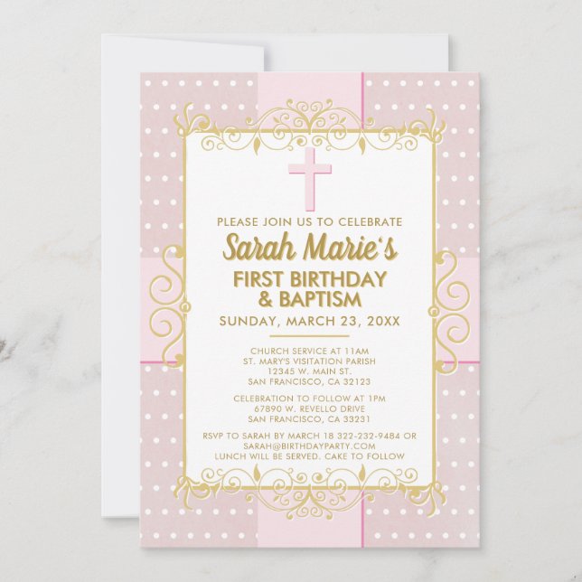 Invitation 1er Anniversaire Baptême Pink Gold Texte Pointe (Devant)