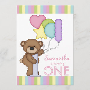 Invitation 1er anniversaire Bear Rainbow Stripes and Balloons