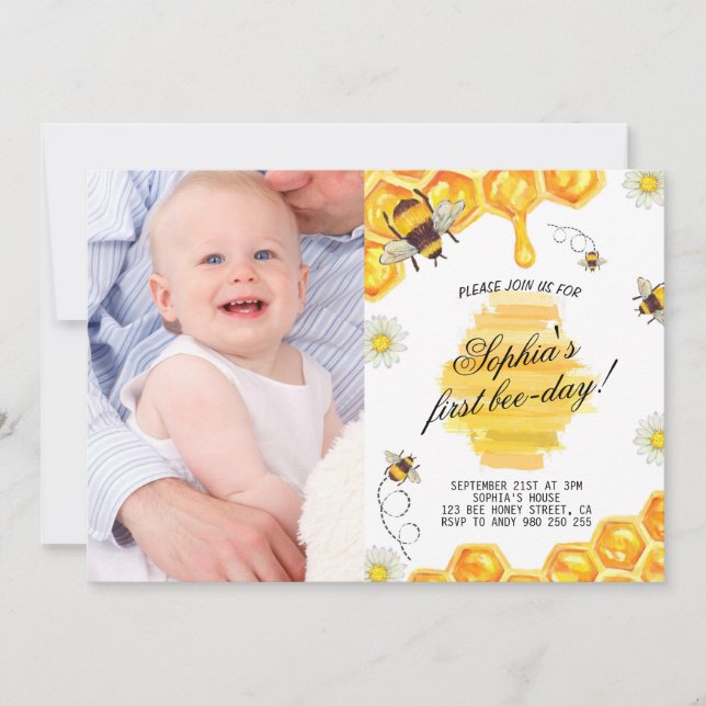 Invitation 1er Anniversaire Bee Honey Girl First Photo (Devant)