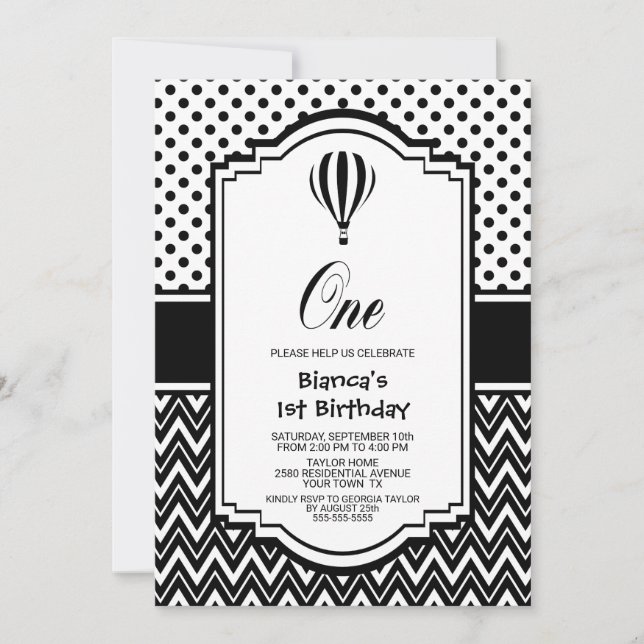 Invitation 1er anniversaire Black and White Hot Air Balloon P (Devant)