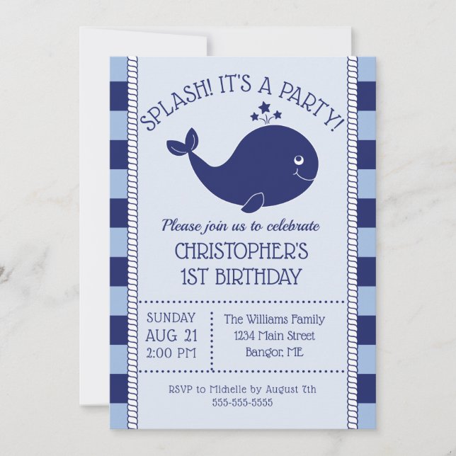 Invitation 1er anniversaire Bleu de baleine bleue Nautique Gr (Devant)