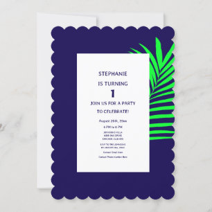 Invitation 1er Anniversaire Bleu Vert Palme Feuille Tropique