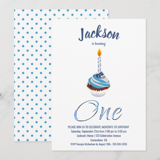 Invitation 1er anniversaire Blue Cupcake Party (Devant / Derrière)
