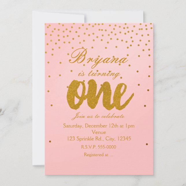 Invitation 1er Anniversaire Blush Pink & Gold Confetti Invita (Devant)