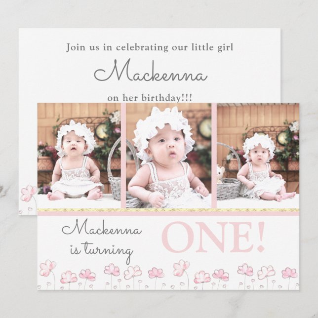 Invitation 1er Anniversaire Blush Pink Gold Photo Collage (Devant / Derrière)