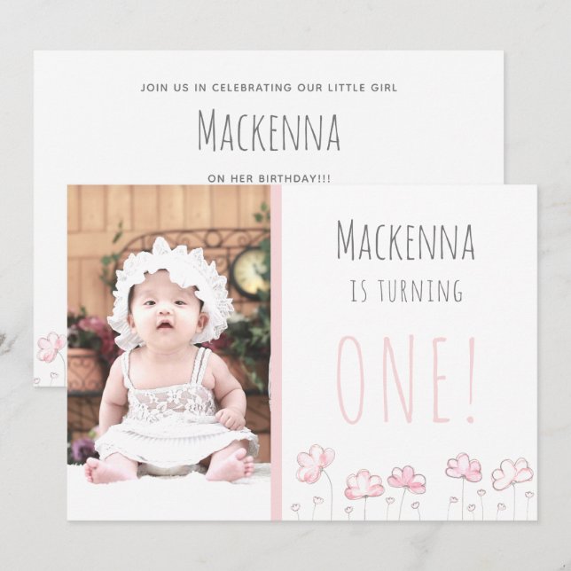 Invitation 1er Anniversaire Blush Pink Simple Girls Photo (Devant / Derrière)