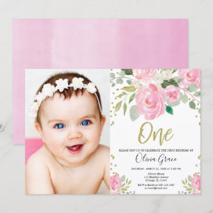 Invitation 1er anniversaire blush rose or floral photo annive