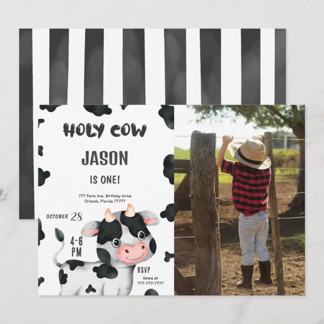 Invitation 1er anniversaire Boy Cow Anniversaire Photo Invita (Devant / Derrière)