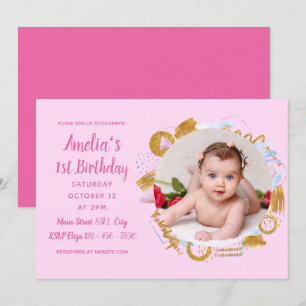 Invitation 1er anniversaire - Cadre photo en or et rose