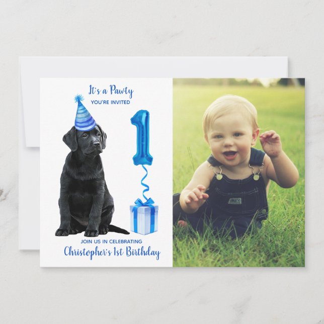 Invitation 1er Anniversaire Chiot Thème - Chien bleu mignon G (Devant)