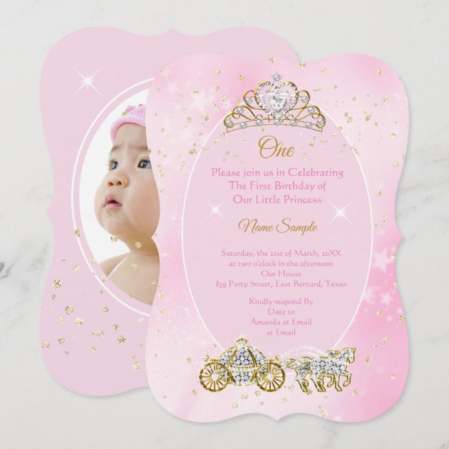 Invitation 1er anniversaire Cinderella Pink Carriage Photo (Devant / Derrière)