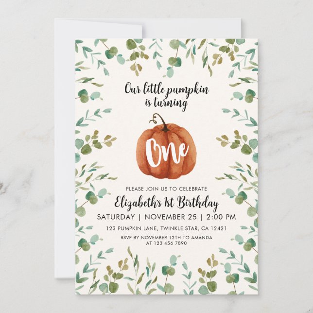 Invitation 1er Anniversaire Citrouille & Eucalyptus (Devant)