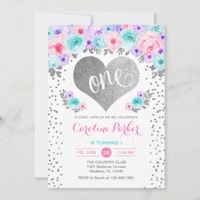 Invitation 1er anniversaire - Coeur d'argent Turquoise rose p (Devant)