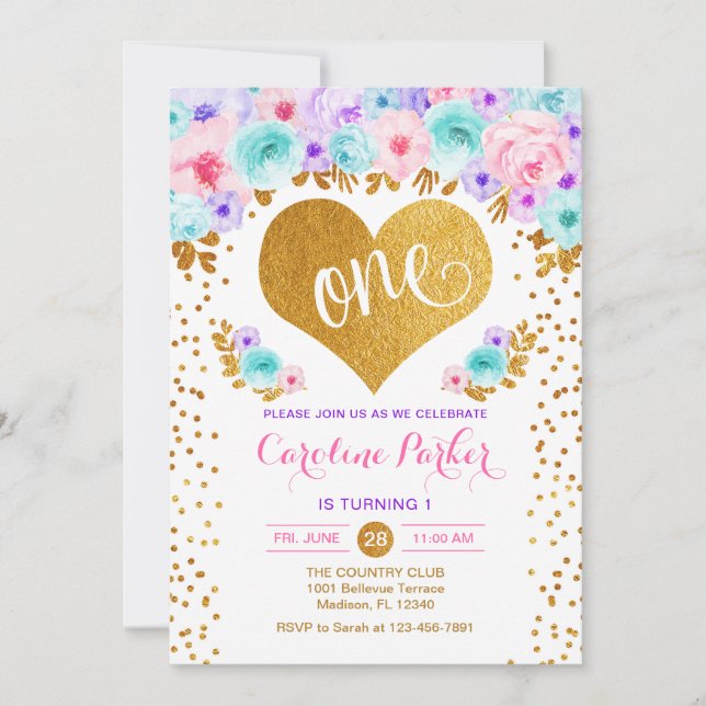 Invitation 1er anniversaire - Coeur d'or Turquoise rose pourp (Devant)