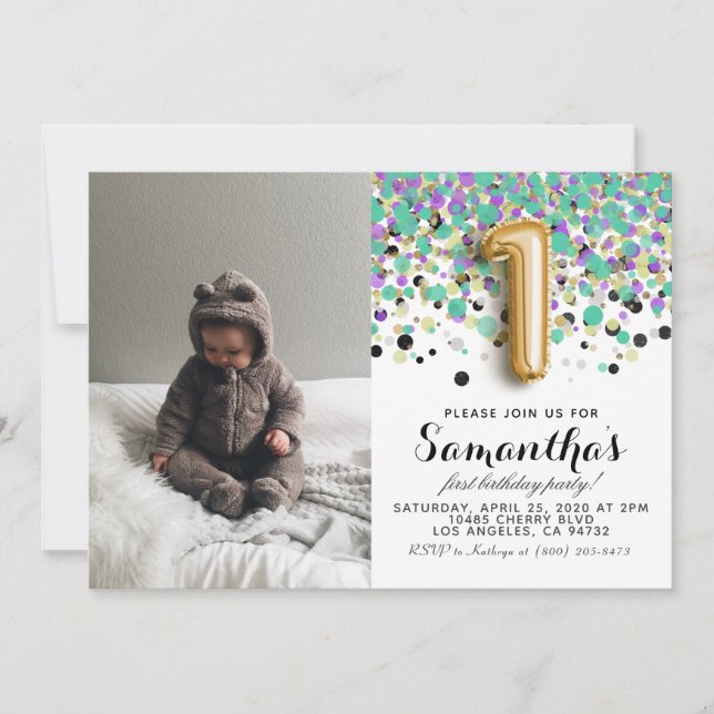 Invitation 1er anniversaire Confetti Portrait (Devant)