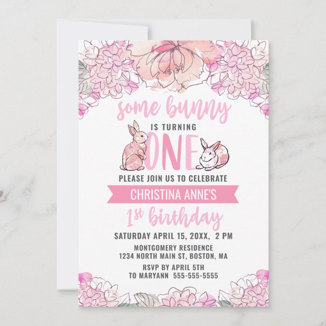 Invitation 1er Anniversaire de Bunny Pink Aquarelle Florale (Devant)