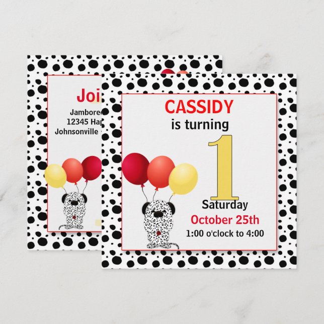 Invitation 1er anniversaire de l'enfant Dalmatien rouge et ja (Devant / Derrière)