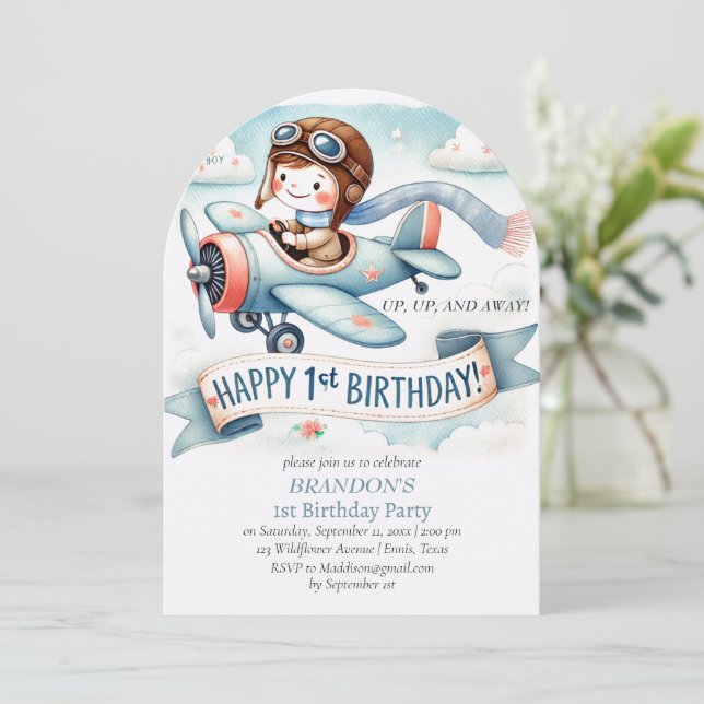 Invitation 1er anniversaire de naissance Boy Avion (Debout devant)
