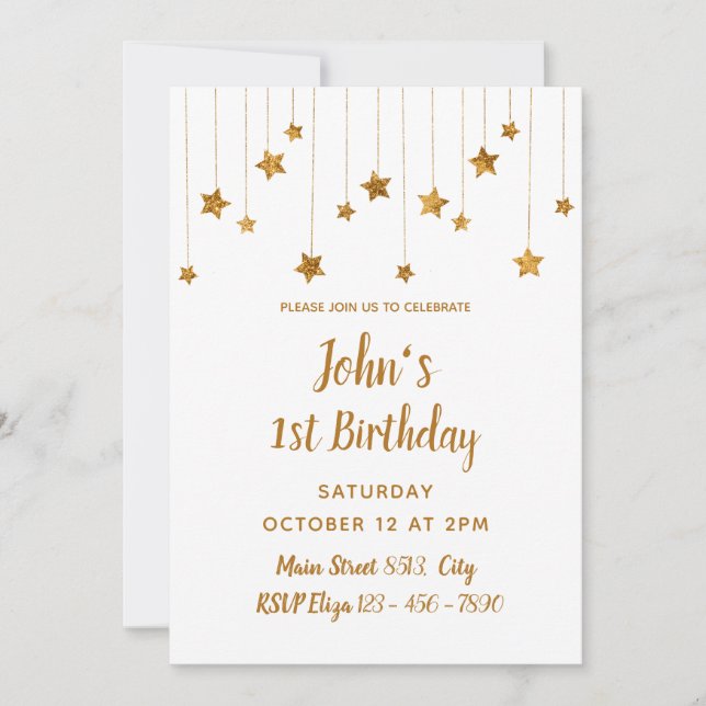 Invitation 1er anniversaire - Delicate Golden Stars Minimal (Devant)