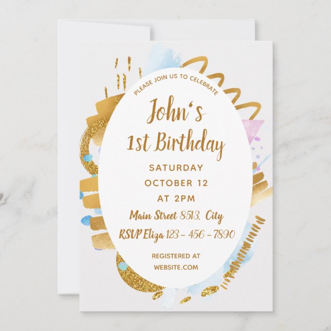 Invitation 1er Anniversaire - Détails d'or délicats Invitatio (Devant)