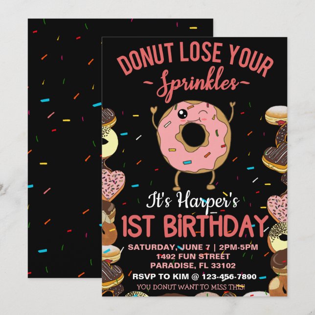 Invitation 1er anniversaire Donut Perdre vos arrosages 1 an (Devant / Derrière)