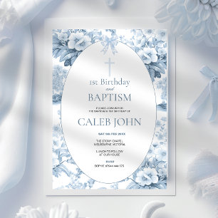 Invitation 1er anniversaire et baptême pour Garçon Bleu Toile