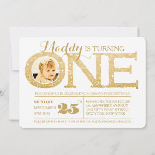 Invitation 1er anniversaire Faux Gold Parties scintillant One