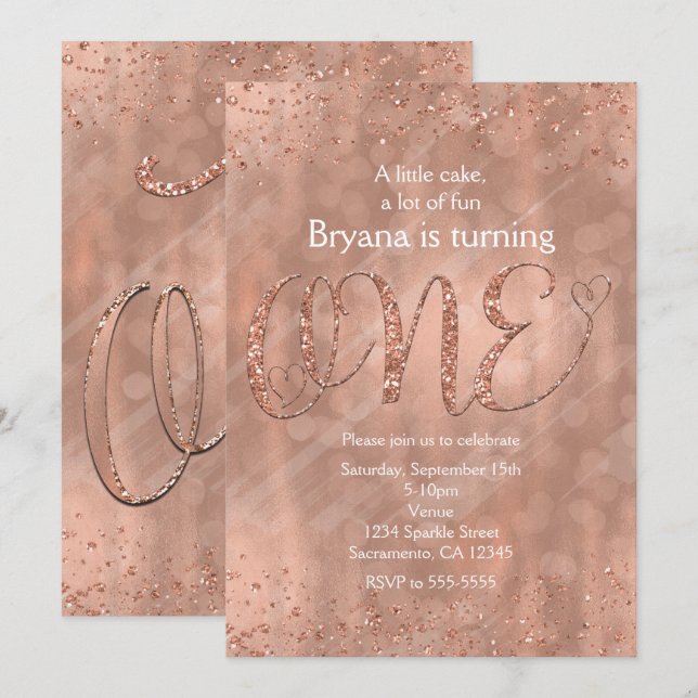 Invitation 1er anniversaire Faux Rose Gold Parties scintillan (Devant / Derrière)