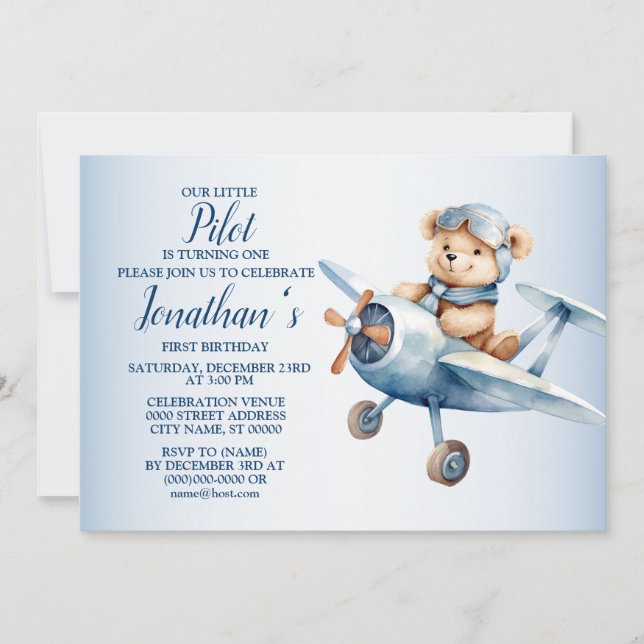 Invitation 1er Anniversaire Fête Cute Blue Bear Pilote Belle (Devant)