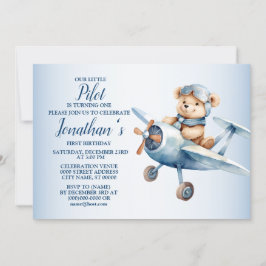 Invitation 1er Anniversaire Fête Cute Blue Bear Pilote Belle
